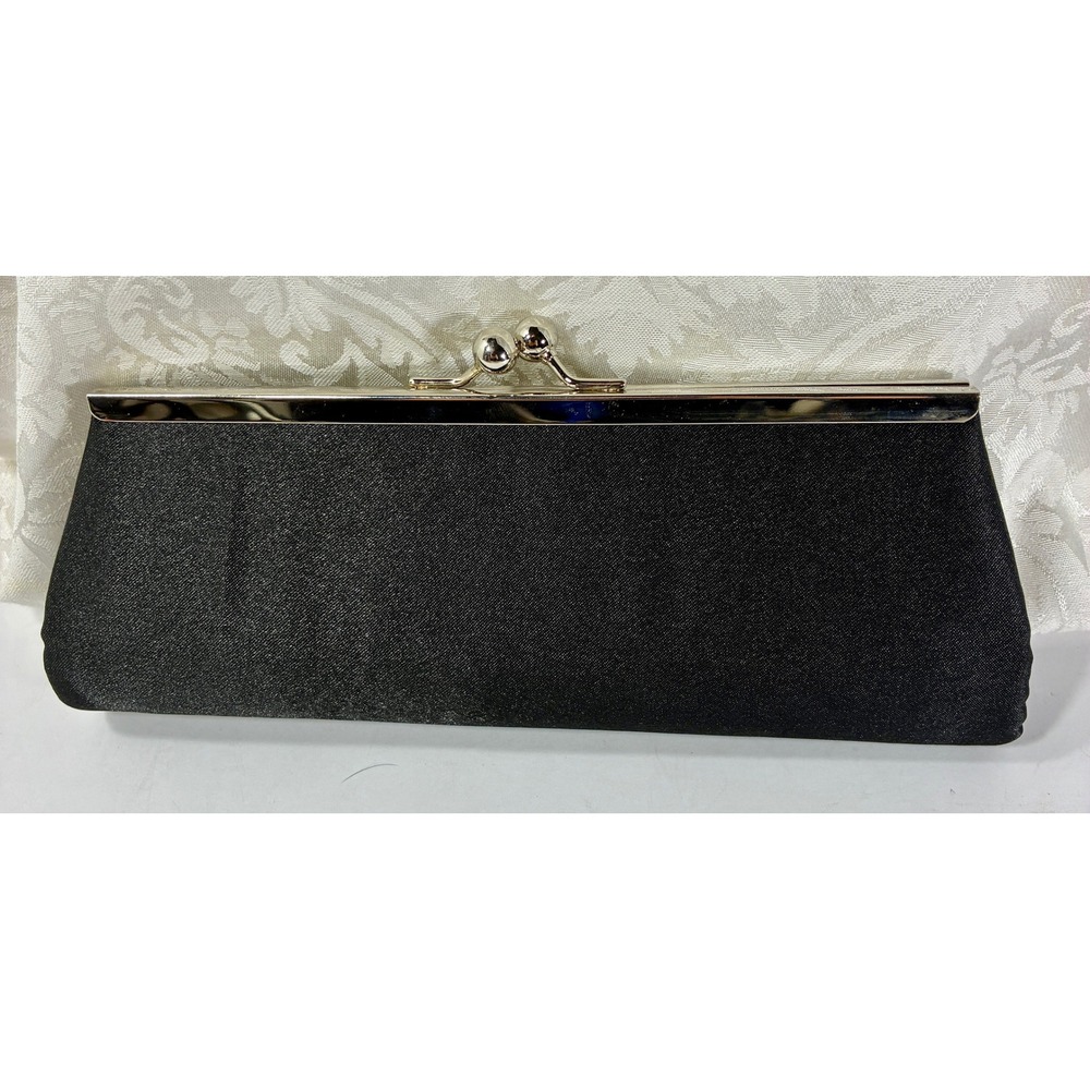Black Satin Evening Clutch Bag Rhinestone Trim Kiss Lock Formal Wedding Purse